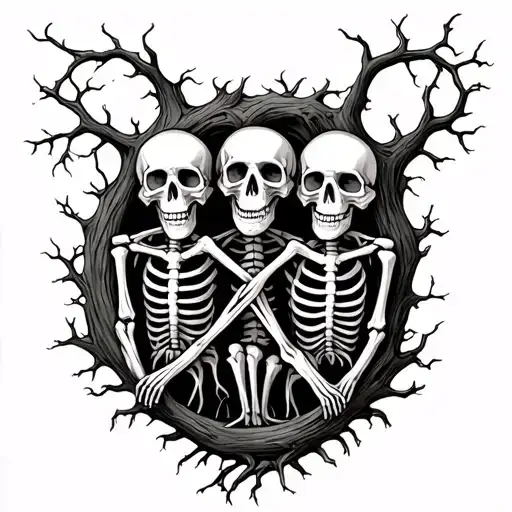 Graveyard Tree Of Life With See No Evil Speak No Evil Hear No Evil Skeletons On Tree