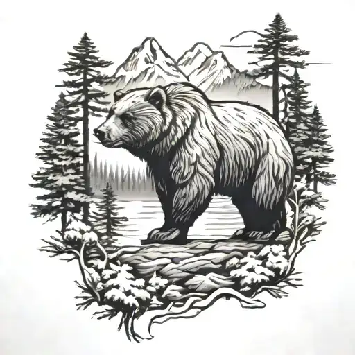 An Intricate Design Of A Bear Surrounded By Pine Trees And Mountains