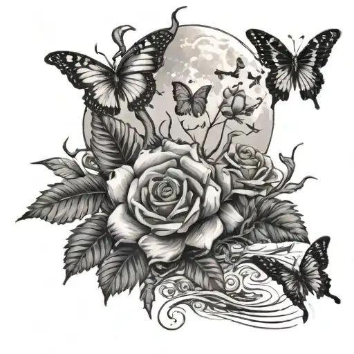 A Moonlit Beach Scene With Black Roses And Butterflies