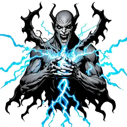 Evil Figure With Blue Electricity Radiating From Hands