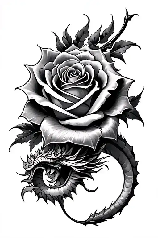 Rose Tattoo Featuring Un Dragon Wrapped Round