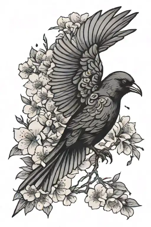 Black Bird Flying With Cherry Blossoms Around