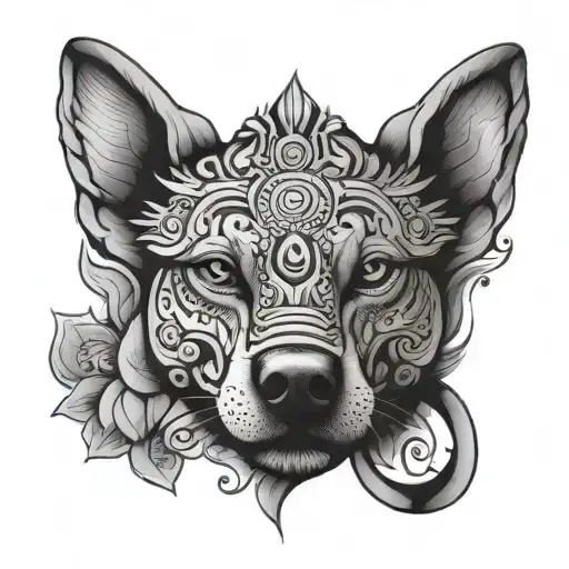 Combine Elements Of Traditional Nepali Art With A Dog Motif In A Black And Gray