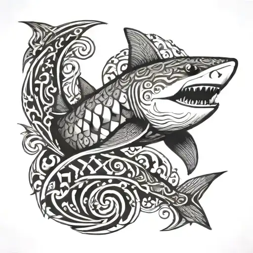 A Geometric Black And Grey Shark Tattoo With Tribal Patterns Inspired By The Depths Of The Ocean