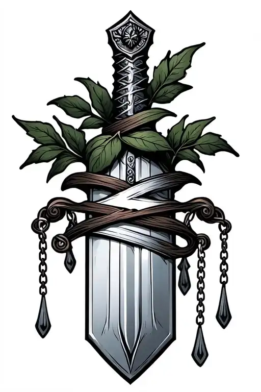 Sword With Leaves Wrapped Around The Blade And Thin Chains Hanging From The Hilt