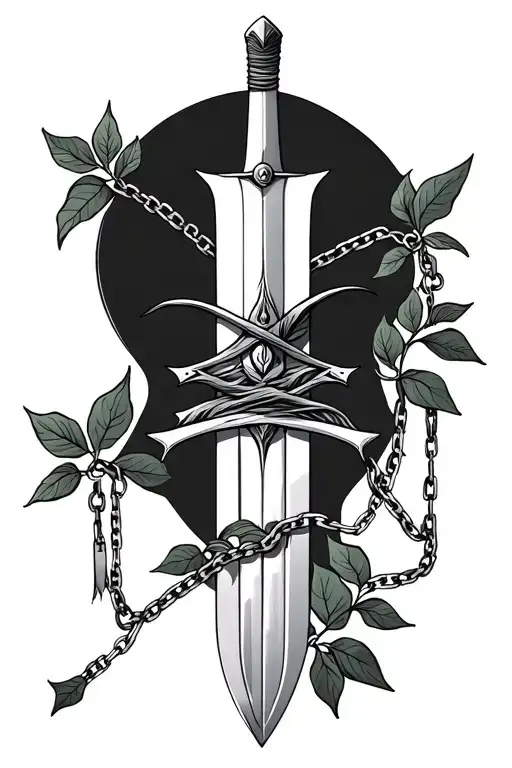 Long Thin Sword With Leaves Wrapped Around The Blade And Thin Chains Hanging From The Hilt