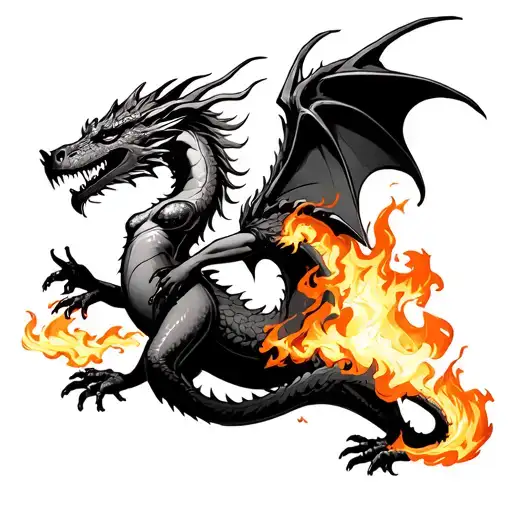 Woman Wrapped Arond A Dragon Breathing Fire