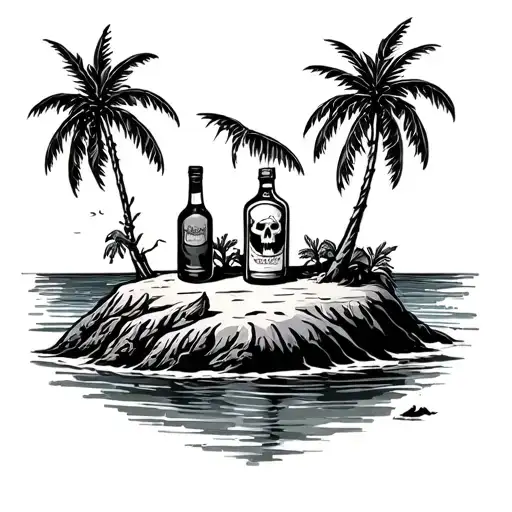 Skeleton Desert Island With Rum Bottle
