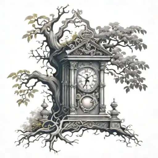 Banyan Tree And Grandfather Clock Mechanism Intertwined