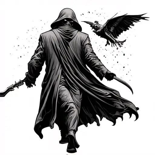 Grim Reaper In Trench Coat Walking Away