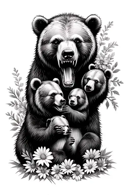 Snarling Mother Bear Head Three Baby Bears Playing With Flowers Around Them