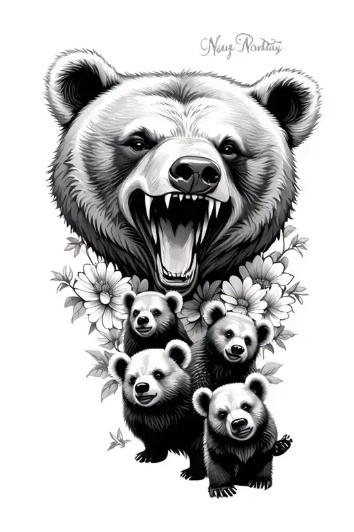 Snarling Mother Bear Head With 3 Baby Bears Playing With Flowers Around Them