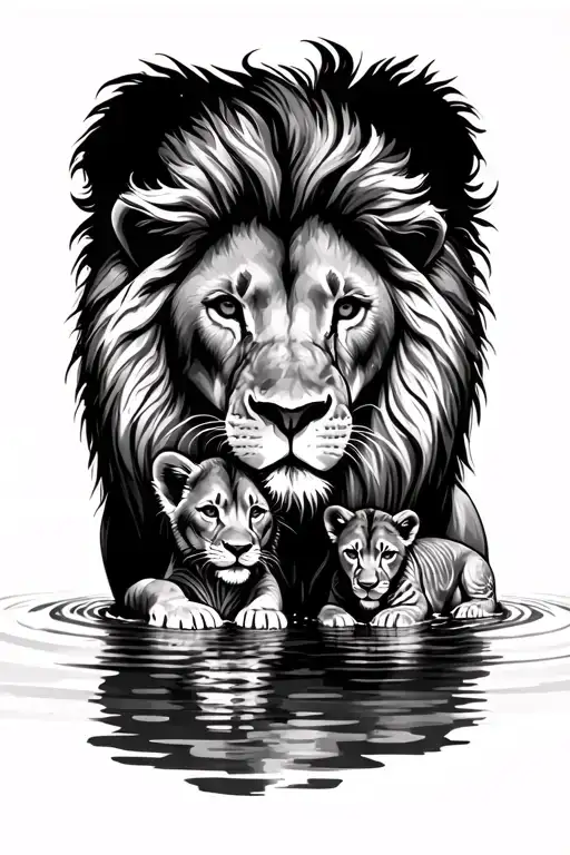 Lion And Cub Drinking Water