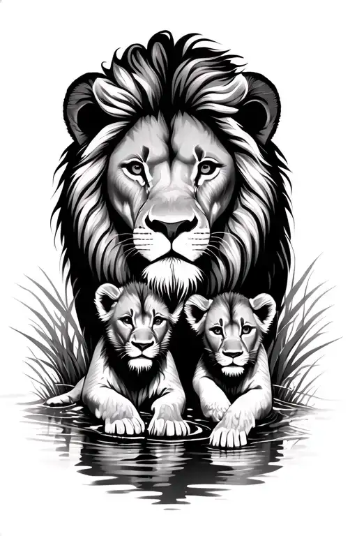 Lion And Cub Drinking Water Surrounded By Grass