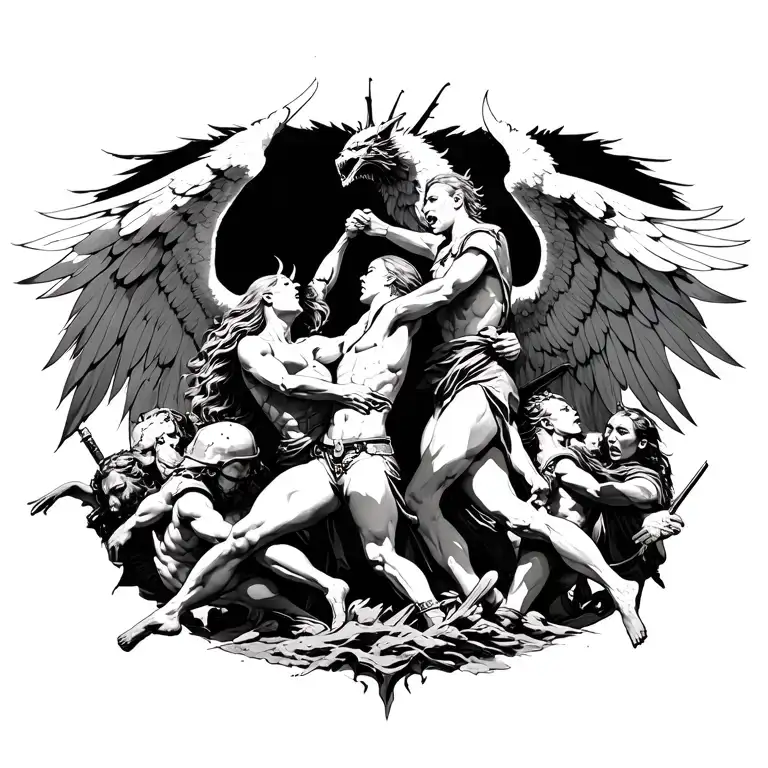 Army Of Angels And Demons Fighting With A Crss Between The Armys