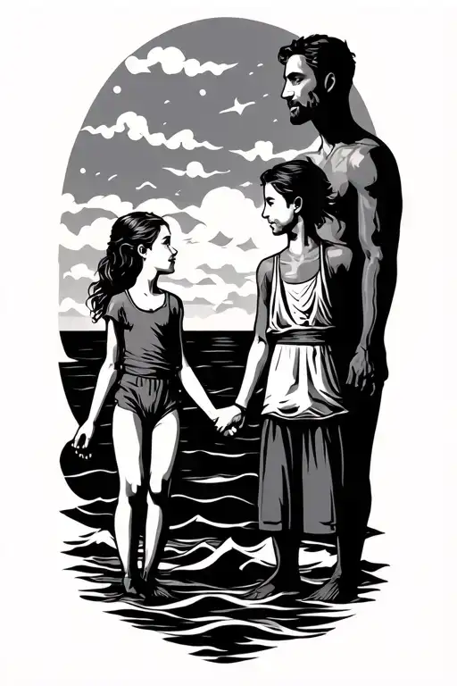 Father With Daughter And Son Holding Hands Nautical