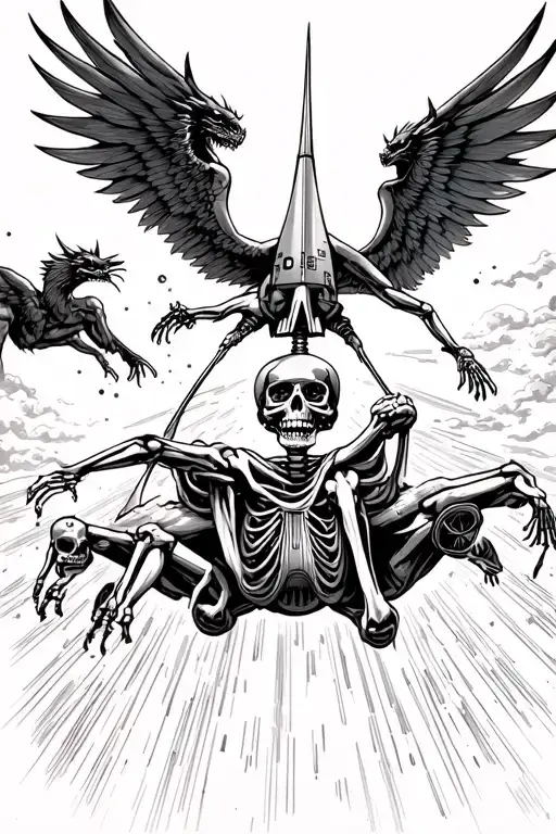 Skeleton Hanging On For Life To A Rocket Ship Through A Solar Storm With Winged Demons Attacking Him