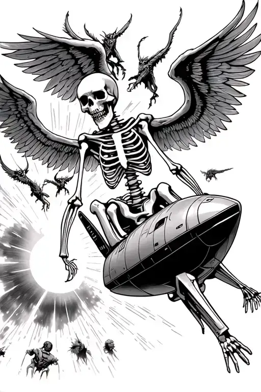 Skeleton Hanging On For Life To A Rocket Ship Through A Solar Storm With Winged Demons Attacking Him