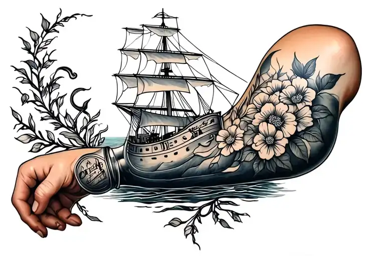 Men's Forearm Tattoo With Floral Vines And Old Ship In A Bottle