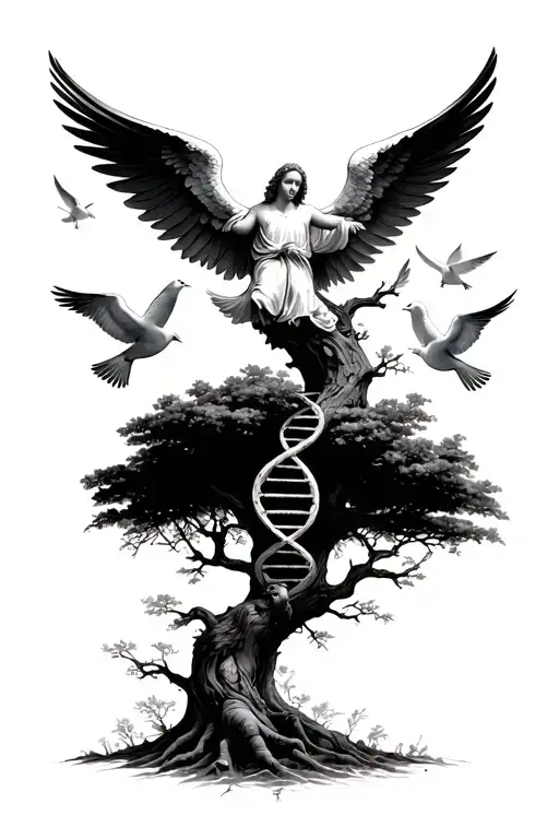 Dna Strand Tree Growing With Doves And Biblical Accurate Angel