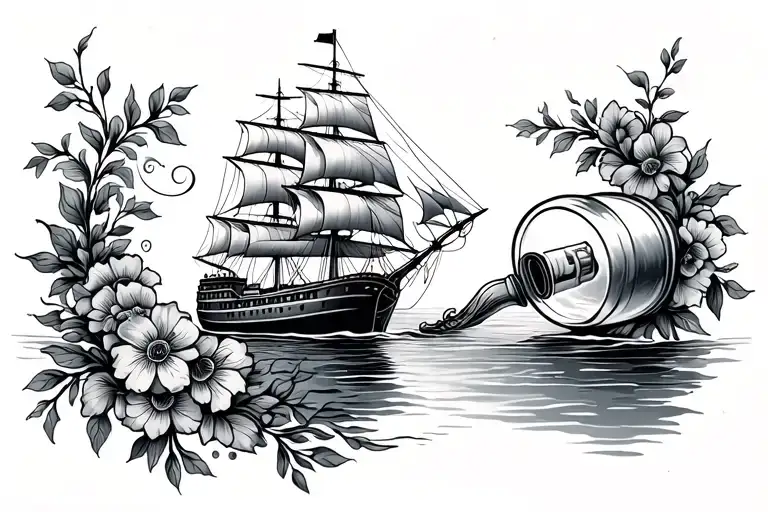 Floral Vines And Old Ship In A Bottle