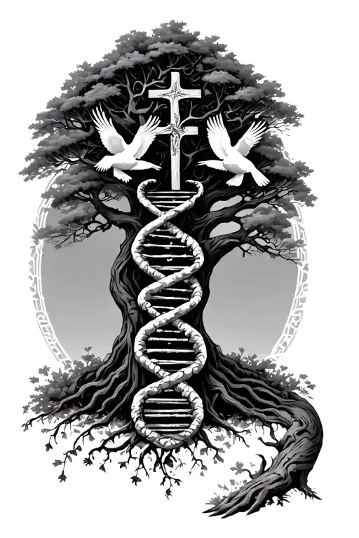 Dna Strand Tree With Doves Angles And A Cross