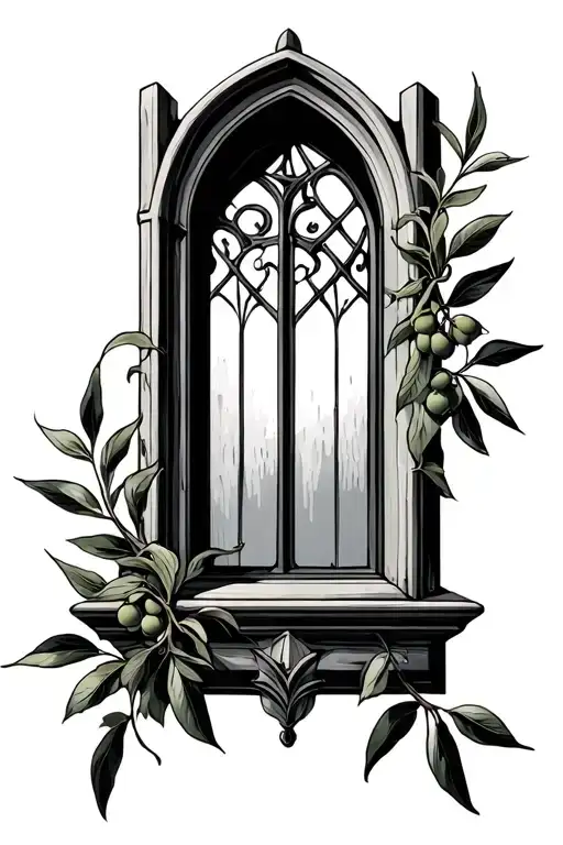 Gothic Window Open With Olive Branches Intertwined