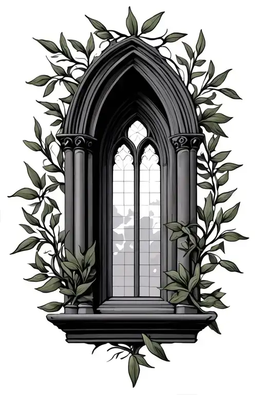 Gothic Church Window Open With Olive Branches Intertwined