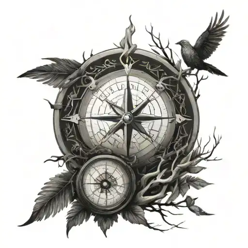 Life Of Tree With Small House Surrounded Runes Compass Under Flighting Phoenix