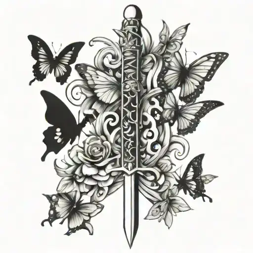 Sword Down Spine With Butterflies