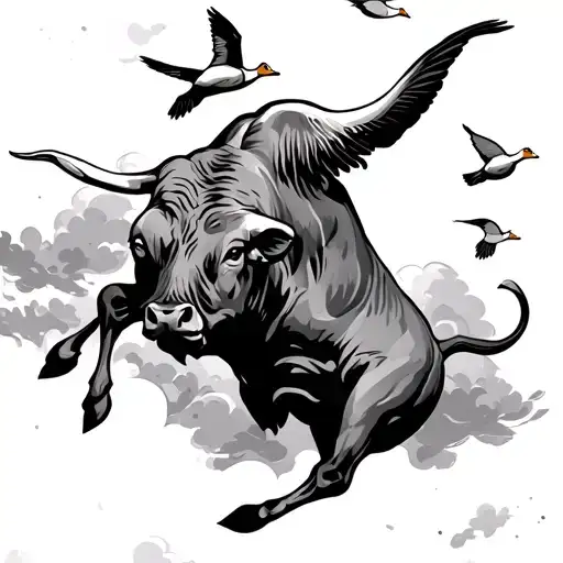 Bucking Bull In The Clouds With Ducks Flying