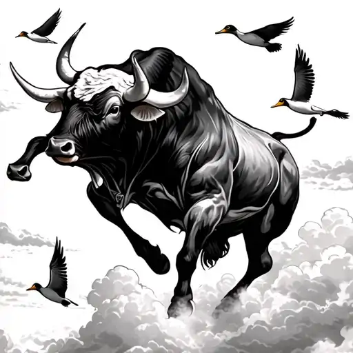 Bucking Bull In The Clouds With Ducks Flying With A Heavenly Backdrop
