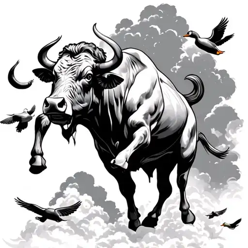 Bucking Bull In The Clouds With Ducks Flying With A Heavenly Backdrop