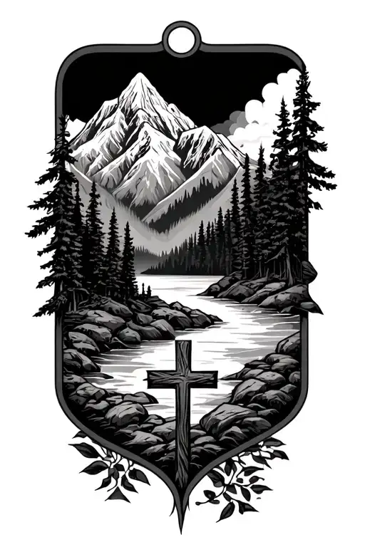 Mountain Wildelife Scene Tattoo With A Cross