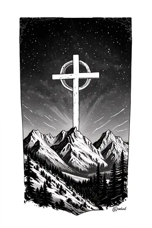 Mountain Wildelife Scene Tattoo With A Cross In The Space Of The Mountains