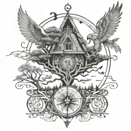 Life Of Tree Under Sphinx Wings With Small House And Runes Compass