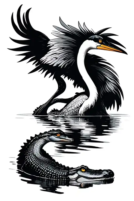 Crane And Alligator In Water