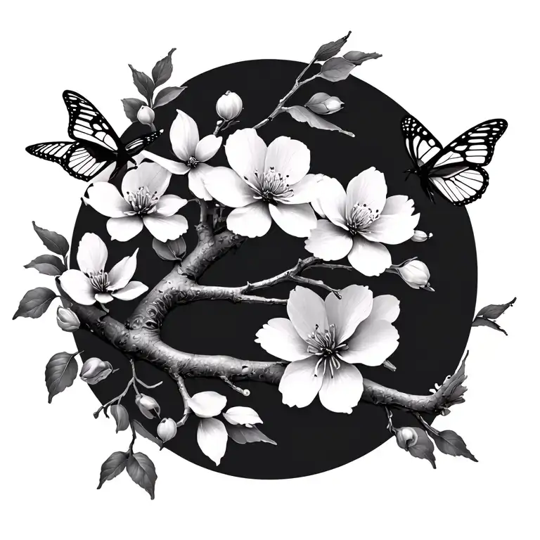 Cherry Blossom Branch With Butterflies And Bird's