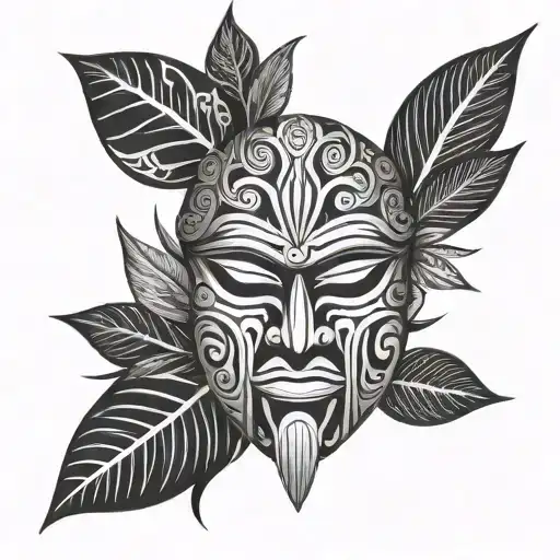 Tribal Maori Warrior Mask With Polynesian Patterns And Coffee Plant Leaves