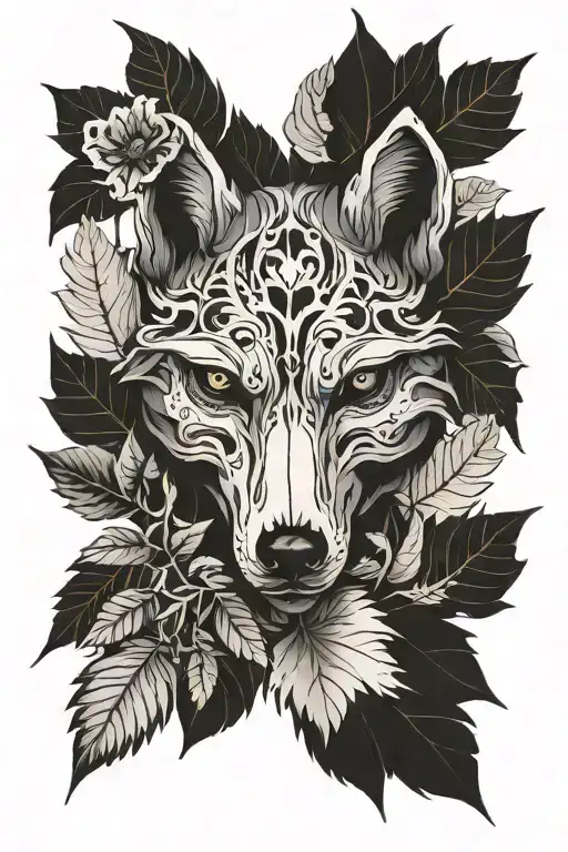 Wolf Skull And Leaves Forming The Shape