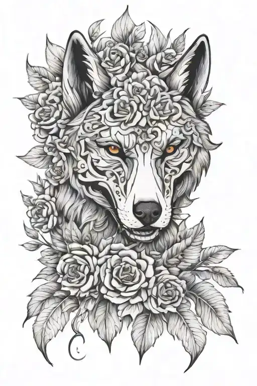 Wolf Skull Hidden In Flowers And Leaves