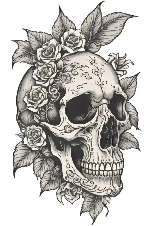 Dog Skull On The Background With Flowers And Leaves