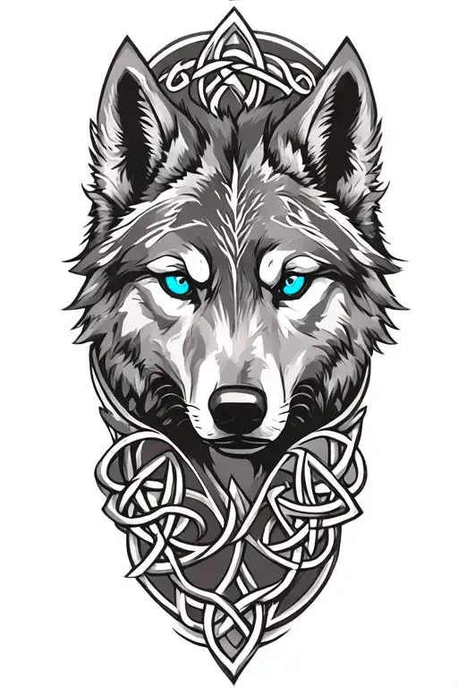 Wolf With Blue Eyes On Armor Tattoo Design Featuring Celtic Trinity Knot