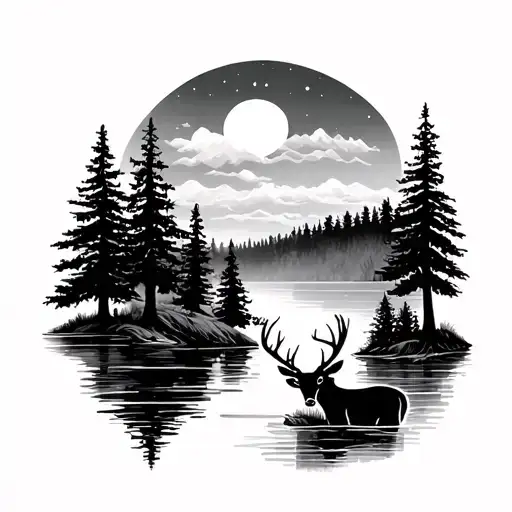Nature Sleeve Tattoo Design Featuring Lakes Trees And Deer