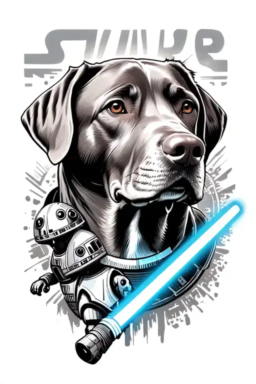 Chocolate Lab Head With A Lightsaber Under It And Star Wars Droids
