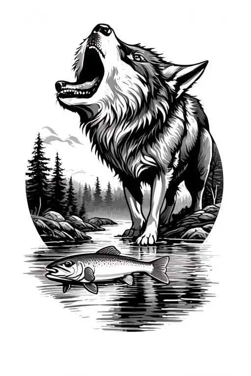 Howling Wolf Near Creek With A Leaping Trout In The Woods