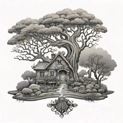 Rich Big Tree Of Life With Small House Stone Road