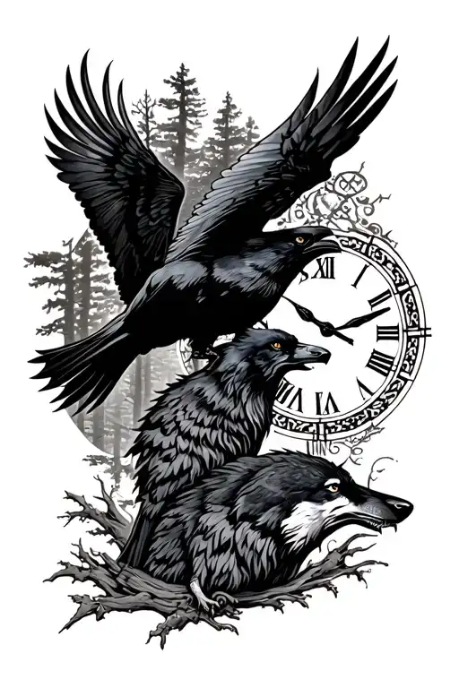 Flying Raven In Woods With Howling Wolf And Broken Clock And Sisu Symbol