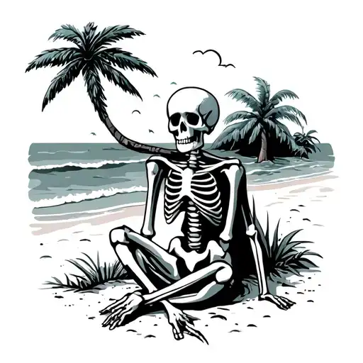 Skeleton Sitting On Beach Against Palm Tree