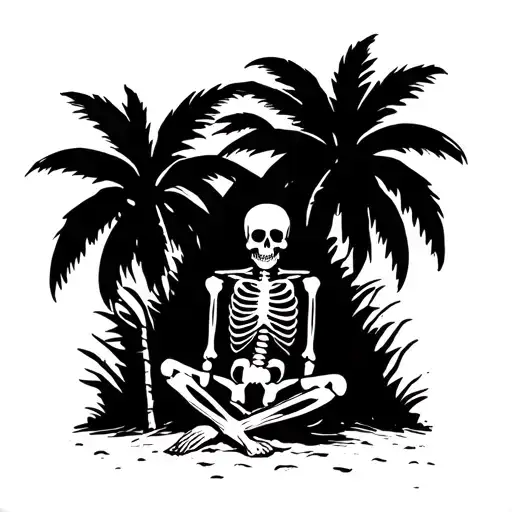 Skeleton With Board Shorts On Sitting On Beach Against Palm Tree